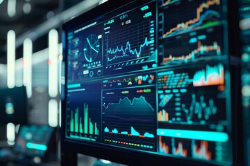 Fototapeta premium Detailed Visualization of Market Trends and Data Analysis on a Large Digital Screen
