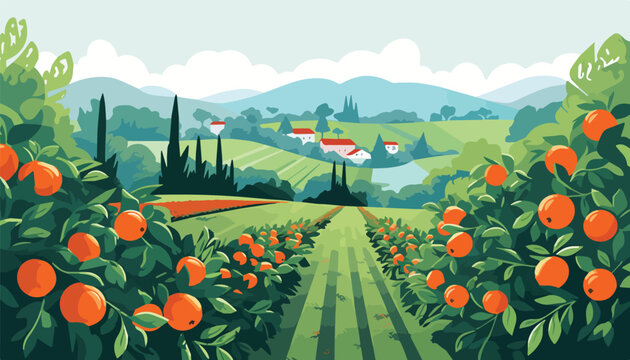 Peach orchard vector illustration. Orange orchard with rows of ripe tangerines.