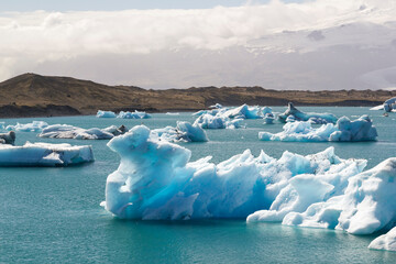a stunning panoramic view over the unique breathtaking and iconic Jökulsárlón lagoon lake in...