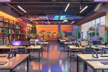 Futuristic Startup Incubator Space Illustration Highlighting Innovation and Collaboration