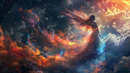 A beautiful angel is flying through the sky, surrounded by clouds and stars