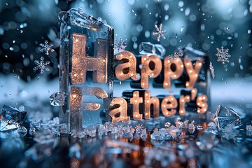 "Happy Father's Day" in ice sculpture letters with snowflakes falling.