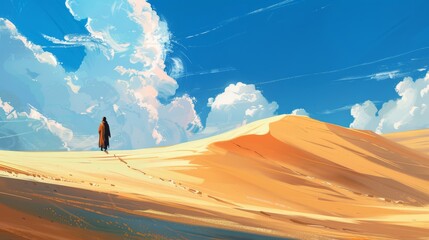 a lonely nomad in the desert landscape with dunes and patterns of sand, fictional landscape created with generative ai hyper realistic 