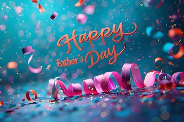 "Happy Father's Day" in ribbon letters with bows and ribbons swirling around.
