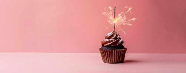 chocolate cupcake with sparkler, soft pink background, copyspace and text space