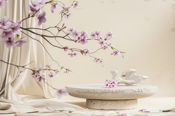 Marble podium for bathing product display on blurred bathroom background - generative ai. Beautiful simple AI generated image in 4K, unique.