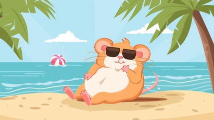 Hamster relax on beach summer realistic illustration flat design top view sandy shore theme water color Complementary Color Scheme