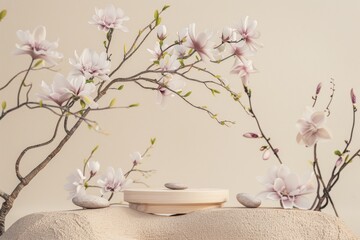 Marble podium for bathing product display on blurred bathroom background - generative ai. Beautiful simple AI generated image in 4K, unique.