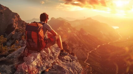 Backpacker on cliffside enjoying sunset, realistic texture, portrait layout, emotional depth
