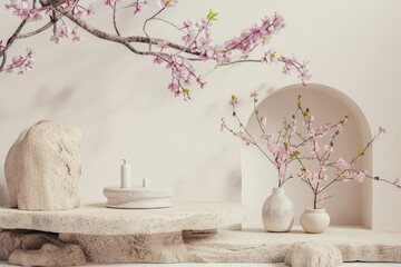 Marble podium for bathing product display on blurred bathroom background - generative ai. Beautiful simple AI generated image in 4K, unique.