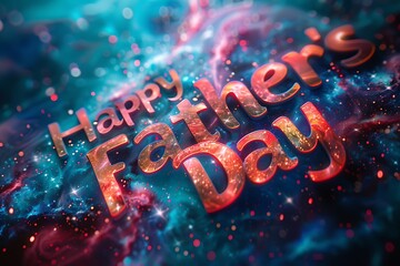 "Happy Father's Day" in 3D block letters with a cosmic galaxy background.
