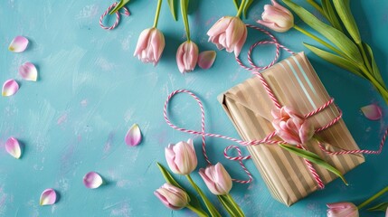 Pink tulips and striped gift wrapping on a blue backdrop