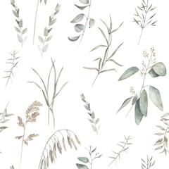 Organic herbal seamless pattern with eucalyptus branches. Watercolor greenery print on white background.