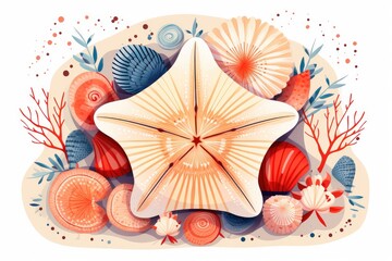 Watercolor painting of a starfish surrounded by seashells.
