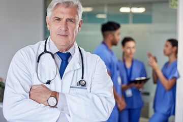 Fototapeta premium Mature doctor, man and arms crossed in portrait at hospital with confidence, team and healthcare services. Senior medic, expert or specialist with pride for professional career with staff in clinic