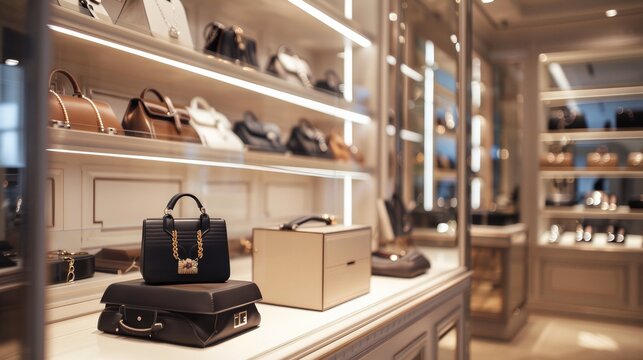 A display case filled with lots of purses