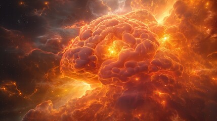 The explosive fusion of knowledge and imagination captured in the intricate details of a brain's eruption of creativity, like a supernova igniting the cosmos