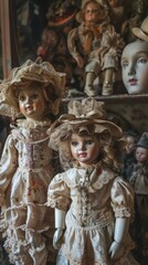 Two antique dolls sitting next to each other