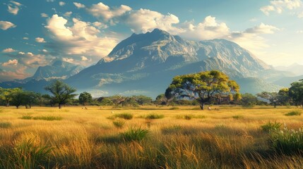 African savanna with mountain in national wild park hyper realistic 
