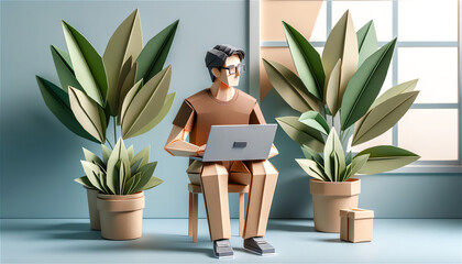 Origami Style Professional Workspace: Man with Laptop and Plants