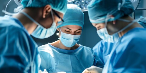 A group of surgeons in scrubs concentrate on a surgical procedure under bright operating lights