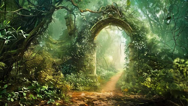 An enchanted forest with magical arches
