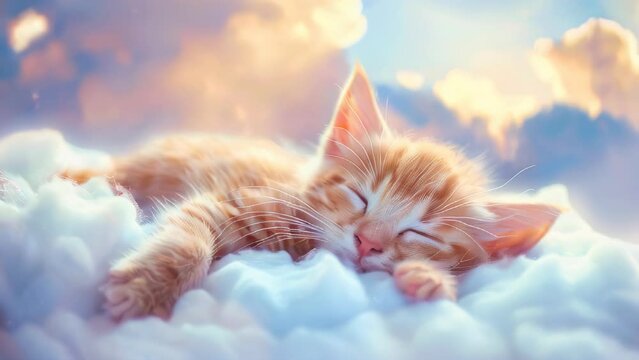 Cute baby cat sleeping on the clouds