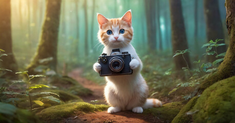 Cute cartoon cat photographer with a camera stands and takes pictures in the forest