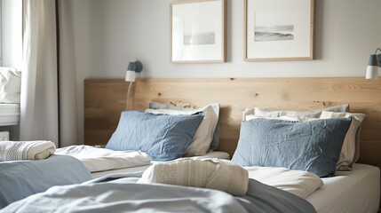 A Scandinavian guest room with twin beds, light wooden headboards, and soft blue and gray bedding