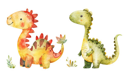 Adorable children's illustration of  two cute dinosaurs. Charming watercolor style. Friendly expression and playful pose. Perfect for children's books,  posters, kid t-shirt design