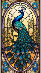 illustration in the style of a stained glass window with a beautiful green peacock bird, glass composition