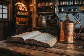 Traditional Craft Brewing: Vintage Beer Recipe Book and Modern Brew Kettle in a Brewery