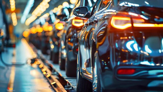 A car production line with cars on the assembly belt in the factory