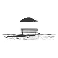 Silhouette bench with umbrella on the beach black color only