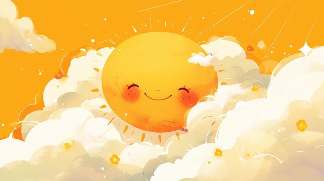 Cheerful Get Well Soon Card with Smiling Sun and Clouds Illustration
