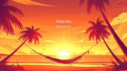 Happy Retirement Greeting Card with Serene Beach Sunset and Hammock