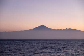 The Teide Volcano view on Tenerife from cruise ship, Isla de La Gomera, Canary Islands, Spain.