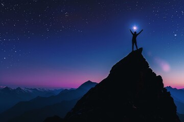 Fototapeta premium Achieving Lofty Business Goals - Person Touching a Star atop a Mountain