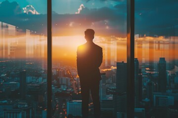 Fototapeta premium Visionary Leader Overlooking the City at Dusk - A Symbol of Ambition and Strategic Thinking