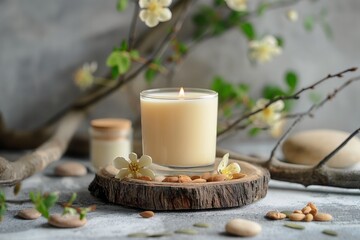Soy candle on a wooden podium with natural decorative elements around, stones and branches. Flowers on background. Copy space for text. Concept: eco life, vegan product, handmade, natural, still life 
