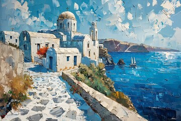 Fototapeta premium Post-impressionism art style , a traditional santorini, greece
