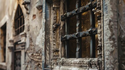 Close up detail with old medieval architecture venetian window hyper realistic 
