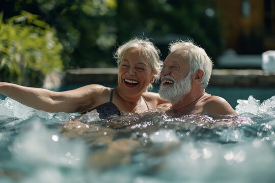 Elderly couple in swimwear laughing in ice bath together, summer. Copy space. Concept: cold water therapy benefits for health - Powered by Adobe