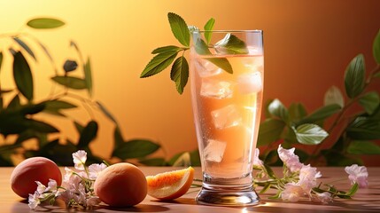 Simple summer alcohol beverage, Peach Bellini cocktail in glass isolated with copy space