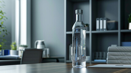 water bottle resting on a office desk