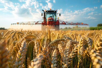Obraz premium Wide angle image of a sprayer spraying chemicals on a wheat crop on a farm. 