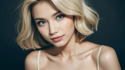 Fototapeta premium Japanese woman with medium hair smiling kindly in a photo studio. Generative AI