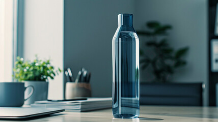 water bottle resting on a office desk