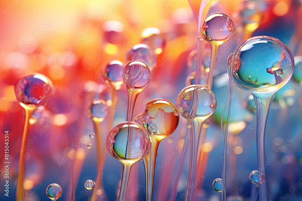 Aufkleber pink holographic bubbles floating on the soft colorful abstract background in beautiful vivid tones.