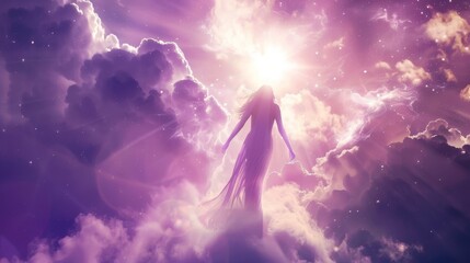 Naklejka premium A woman is floating in the sky above a cloud of purple